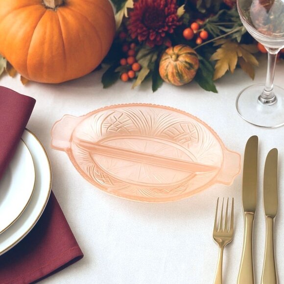 VTG Glass Divided Relish Dish Pink Satin Oval Frosted Starburst Serving Tray - Picture 13 of 13